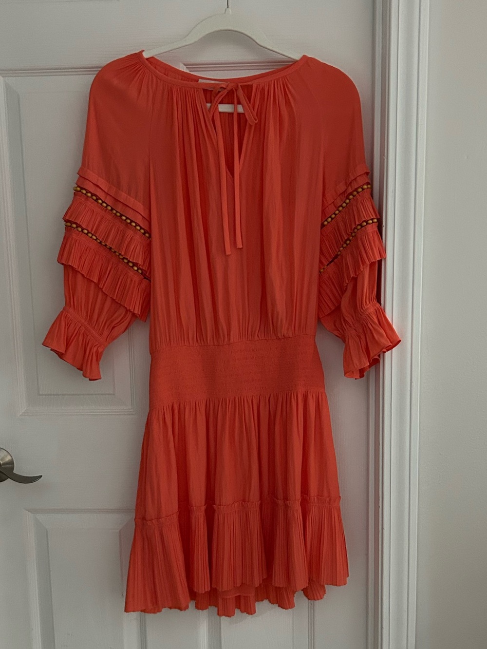 Ramy Brook Coral Tie-Neck Pleated Dress